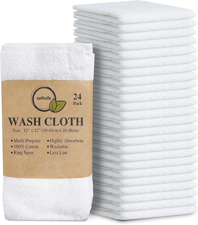 100% Cotton Washcloths 24 Pack (12x12 Inches) Soft, Highly Absorbent Washcloth, Face Towels, Wash Cloths for Face, Ring Spun, Bulk Pack (White) by Softolle