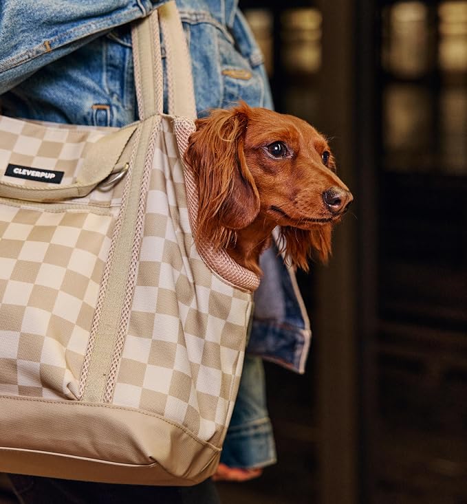 Cleverpup Transit Tote Dog Carrier for Small Dogs Under 8 lbs, 16x11x8 Soft-Sided 4-Pc Set with Waterproof Base, Plush Insert, Food Pouch, Mesh Head Opening - Small, Checkerboard - Image 7
