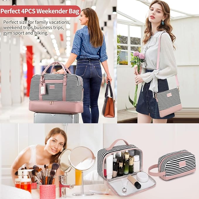 Wogarl 4PCS Weekender Bags for Women Large Overnight Weekend Travel Duffel Carry on Shoulder with Shoe Compartment Canvas Toiletry Bag for Travel Business Gym - Image 2