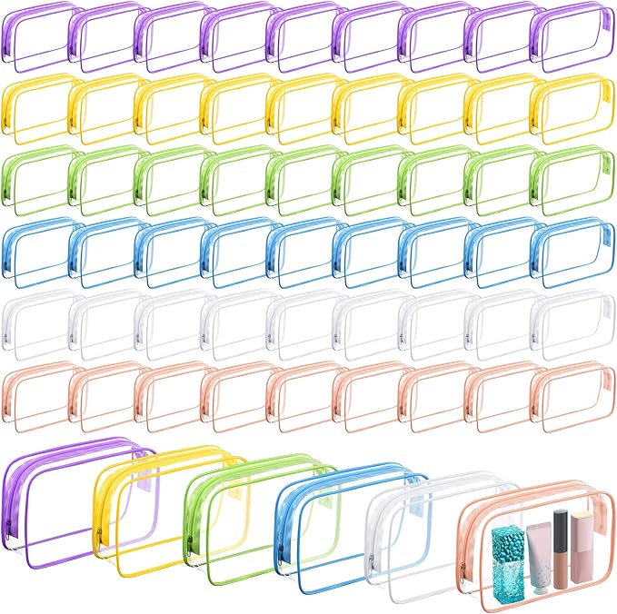 60 Pcs Clear Makeup Bags Bulk Travel Toiletry Bag 7 x 5.5 x 1.6 Inch PVC Zipper Pouch Waterproof Plastic Cosmetic Case Portable Organizer for Women Summer Bathroom (Multicolor) by Cunno
