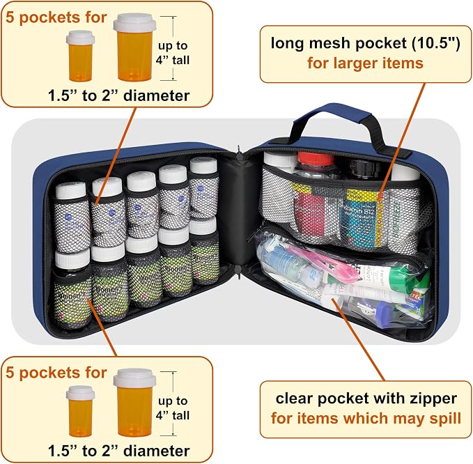 Large Pill Bottle Organizer & Medicine Bag for Travel, Blue | Prescription bottle organizer with 10 bottle pockets and padded storage for medication bottles, supplements, vitamins - Image 2