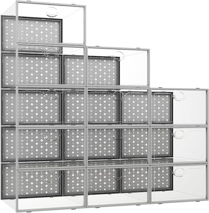 Pinkpum 12 Pcs XLarge Shoe & Sneaker Storage Organizer Box Clear Plastic Stackable Closet Grey by Pinkpum