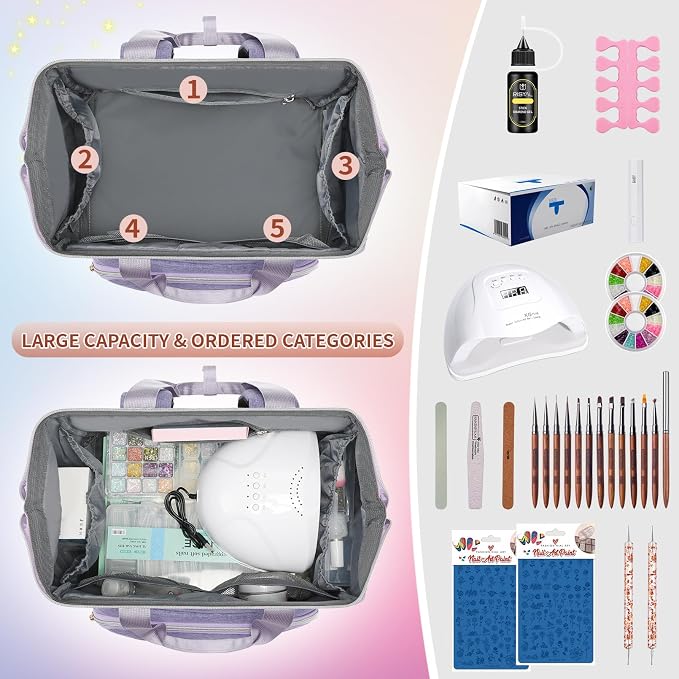 Nail Polish Organizer Case Backpack Holds 70 Bottles (15ml/0.5fl.oz) & Nail Lamp, 2 Layers Detachable Nail Kit Storage Case, Large Travel Nail Supplies Shoulder Bag for Manicure Tools (Purple) - Image 4