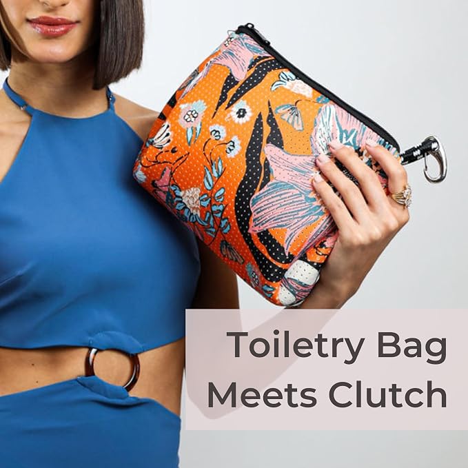 POPUPS Brand Large Makeup Bag with Zipper - Neoprene Machine Washable Travel Toiletry Cosmetic Organizer Pouch for Women (Print Blossom Orange) - Image 5