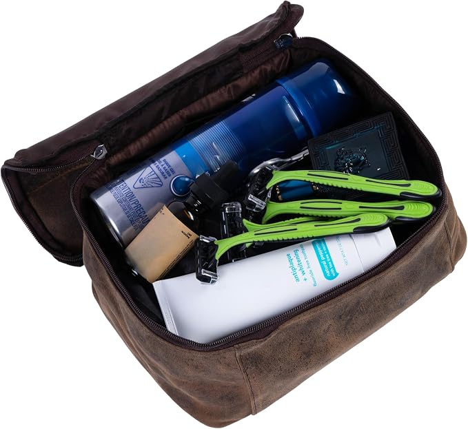 KomalC Leather Toiletry Bag For Men & Women, Handcrafted Travel Kit, Water-Resistant Shaving Bag For Men Travel, Premium Rustic Toiletry Pouch with Zipper Closure (1 Zip Hunter) - Image 3
