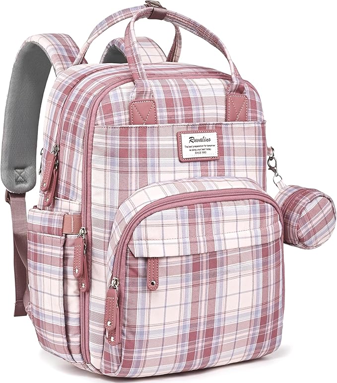 RUVALINO Diaper Bag Backpack, Multifunction Travel Pack Maternity Baby Changing Bags, Large Capacity, Waterproof, Pink Plaid by RUVALINO