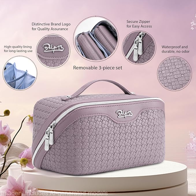 BOYATU Travel Makeup Bag Cosmetic Bags for Women: Large Capacity 3 Pcs Set Make up Bag with Compartments - Waterproof Vegan Leather Toiletry Organizer Bags with Handle (L55Light Purple) - Image 2