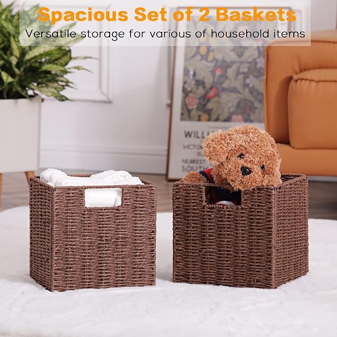 Vagusicc Wicker Storage Basket, Set of 2 Hand-Woven Storage Baskets for Shelves, Foldable Cube Storage Baskets Bins with Handles, 9 inch Small Wicker Baskets for Organizing Pantry Bedroom, Brown - Image 4