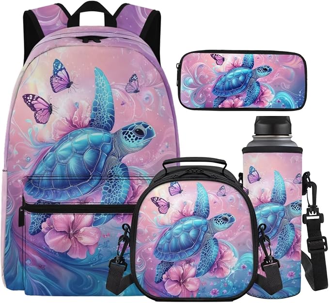 Teen Girls Backpack Sea Turtle Bookbag and Lunch Box Set for Girls, Butterfly Floral Cute Backpack for Middle School Girl Back to School Gift Supplies 17 inch Bookbag Set of 4 by Unknown