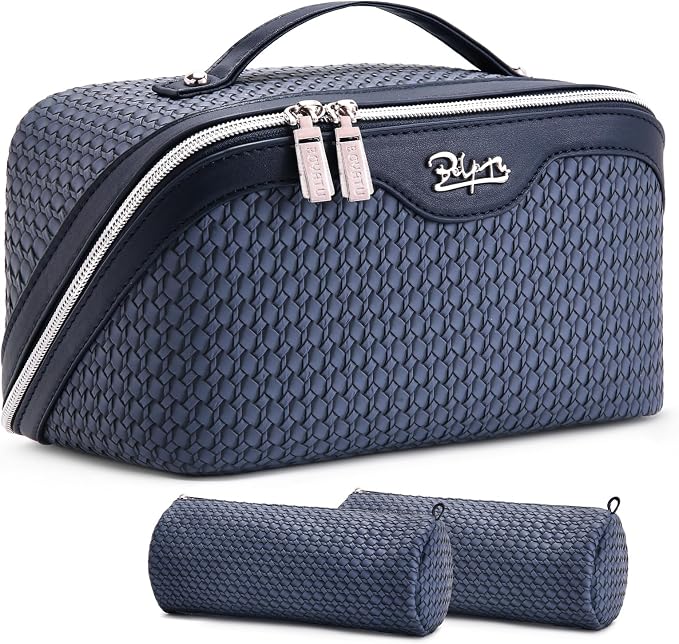BOYATU Travel Makeup Bags for Women: Large Capacity Make up Bag with Wide Opening - 3 Pcs Set Waterproof Travel Toiletry Organizer for Full-Sized Bottles, Cosmetics & Brushes (Blue-W) by BOYATU