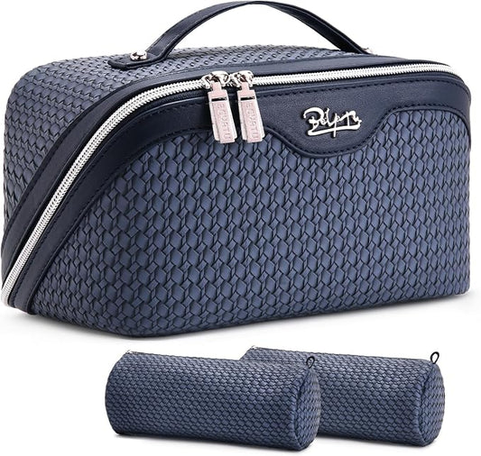 BOYATU Travel Makeup Bags for Women: Large Capacity Make up Bag with Wide Opening - 3 Pcs Set Waterproof Travel Toiletry Organizer for Full-Sized Bottles, Cosmetics & Brushes (Blue-W) by BOYATU