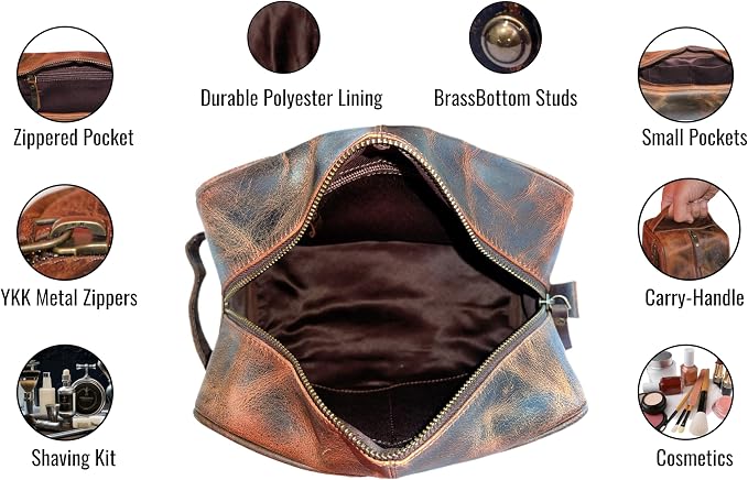 jaald Men's Genuine Brown Leather Toiletry Bag Shaving Bags And Grooming For Travel Groomsmen Gift Men Women Hanging Zippered Makeup Bathroom Cosmetic Pouch Case Make Up kit - Image 8