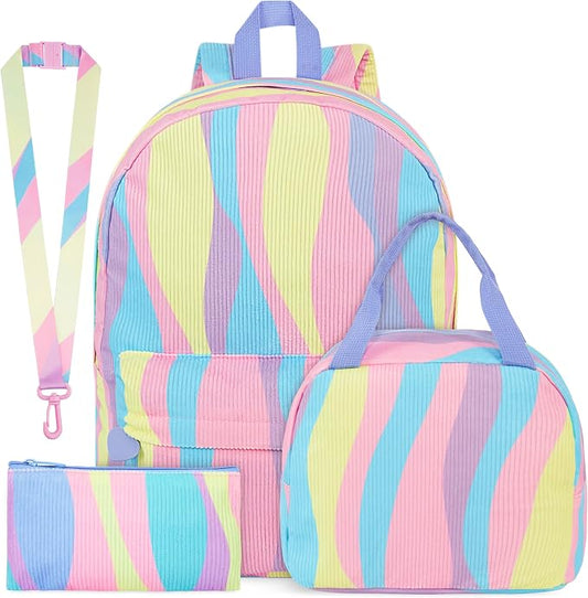 Get Trend Girls Corduroy Backpack 4 Piece Set | 17 inch Bookbag with Laptop Pocket, Insulated Lunch Bag, Pencil Case & Lanyard, Back to School Gifts for Girls by GetTrend