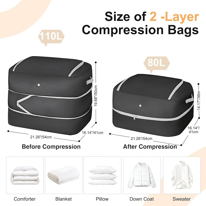 Comforter Storage Bag - 110L Large Capacity Blanket Storage Bags 2-Layer Ultra Space Saving Self Compression Organizer, Washable Compression Bags for Storage Comforter Blanket, 4-Pack, Black - Image 2