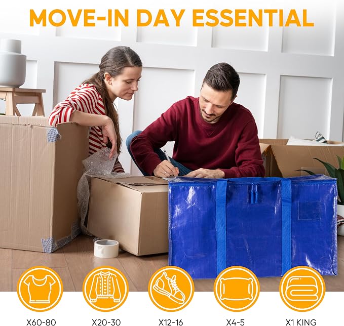 HealSmart 8 Pack Large Moving Bags with Zippers & Handles, Moving Supplies with lids, Heavy Duty Totes for Space Saving, Fold Flat, Moving and Storing, Blue - Image 6