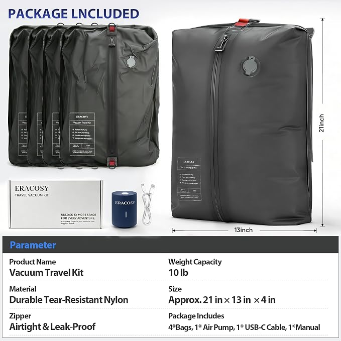 Travel Vacuum Bags with Pump, Compression Bags, Waterproof & Reusable Nylon Vacuum Travel Kit, Portable Space Saver Storage Bags with Wireless Vacuum Pump for Carry-On Backpack & Suitcase, 4 Pack - Image 6