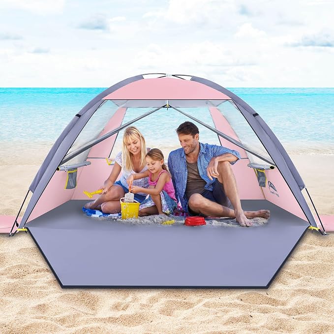Happy Travel Beach Tent Sun Shelter for 3/4/5/6/7/8 Person, Portable UPF 50+ UV Protection Beach Shade Canopy for Family & Baby, Lightweight & Easy Setup Beach Cabana with 3 Ventilation Mesh Windows by HappyTravel