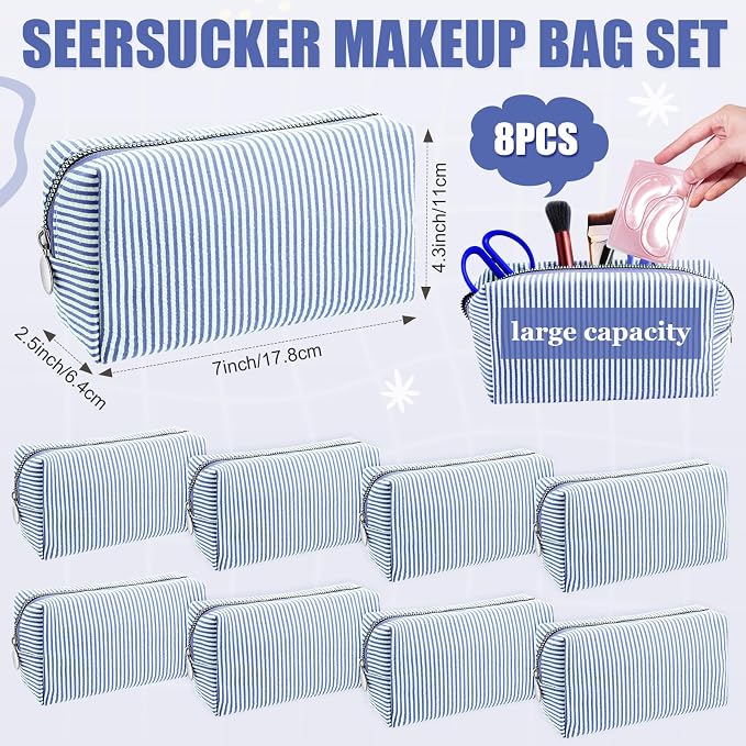 Giesiery 8 Pcs Seersucker Makeup Bags Striped Cosmetic Bags Bulk Organizer for Women Preppy Travel Toiletry Pouch for Wedding Bridesmaid Gifts (Navyblue, Medium) - Image 2