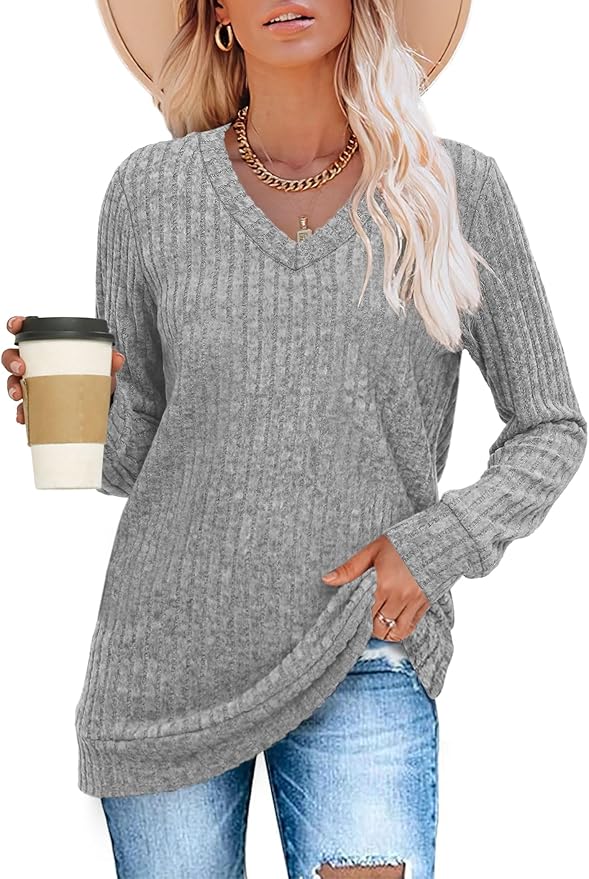 Sampeel V Neck Long Sleeve Shirts for Women Casual Fall Tops Lightweight Tunic Sweaters Fashion Clothes Loose Fit 2025