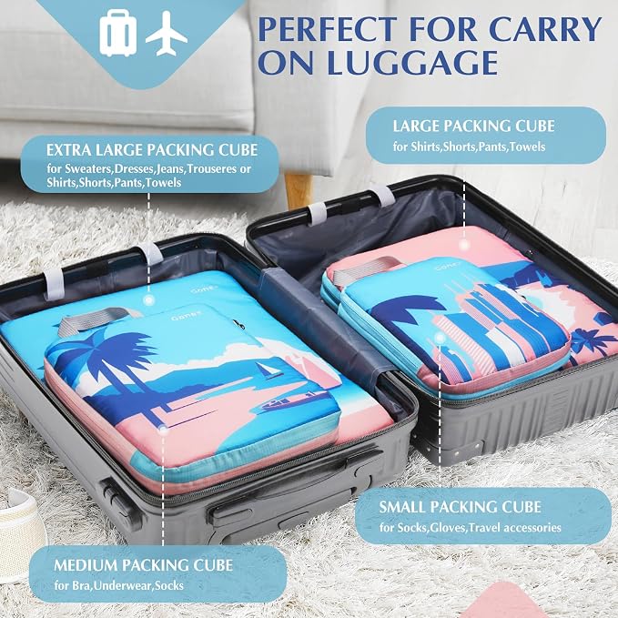 Gonex Compression Packing Cubes, 4pcs Expandable Storage Travel Luggage Bags Organizers, Travel Cubes for Suitcase Carry On (Coconut Palm) - Image 5