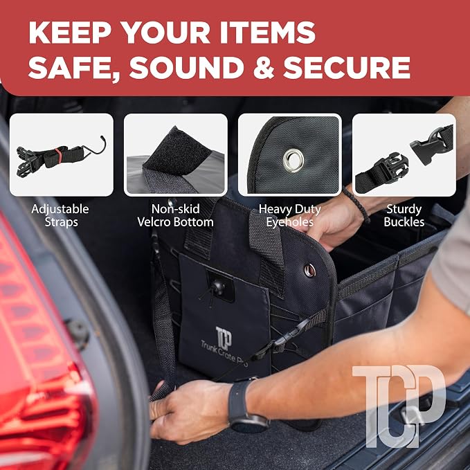 Car Trunk Organizer for SUV & Truck Cargo Storage, Large, Black | Fits Cars, SUVs & Trucks 4 Adjustable Compartments Non-Slip Base & Straps Foldable 11 Pockets Car Accessories - Image 7