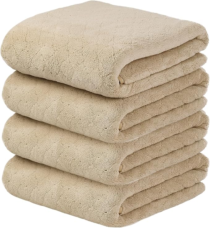 JML Bath Towels, Pack of 4, 30"x60", Large Microfiber Towel Set, Ultra Soft, Super Absorbent, Fast Drying, Perfect for Sauna, Shower, Pool, Sport, Travel, Fitness, SPA,Yoga, Coral Fleece - Camel by JML