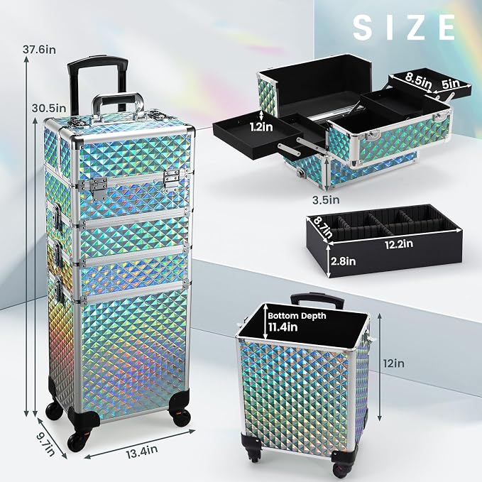 Stagiant Rolling Makeup Case Cosmetology Case on Wheels 4 in 1 Makeup Travel Case Large Cosmetic Organizer Storage with Key Swivel Wheels Nail Artist Salon Traveling Cart Trunk Watery Blue - Image 5