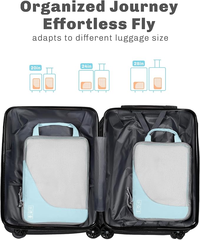 Hynes Eagle 6 Set/ 4 Set/ 2 Set Compression Packing Cubes Travel Essentials Lightweight Nylon Luggage Suitcase Organizer Bag Light Blue 2PCS - Image 3