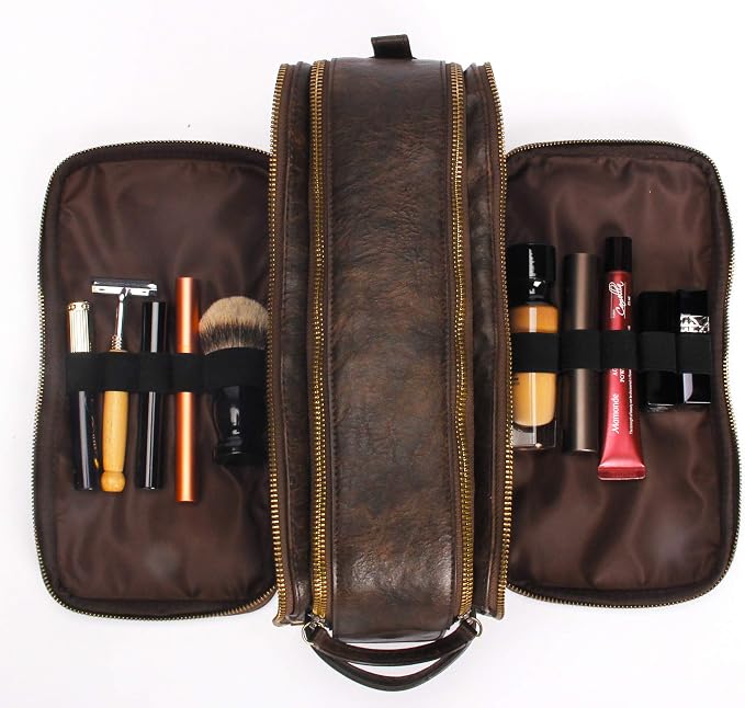 Leather Toiletry Bag for Men Personalized Dopp Kit for Travel Waterproof Shaving Bag Coffee - Image 2