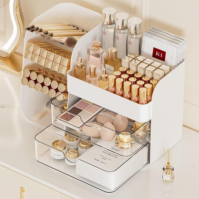 Booklov Makeup Organizer for Vanity, Countertop Cosmetic Display Case with Clear Acrylic Drawers, Bathroom Counter Beauty Caddy, Cute Table Storage Holder for Skincare, Brush Lipsticks, Crystal White by Booklov