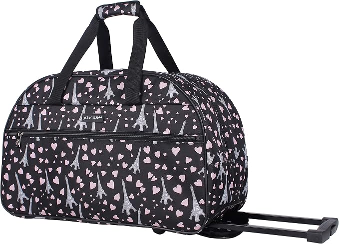 Betsey Johnson Designer Carry On Luggage Collection - Lightweight Pattern 22 Inch Duffel Bag- Weekender Overnight Business Travel Suitcase with 2- Rolling Spinner Wheels (Paris Love) by BETSEYJOHNSON