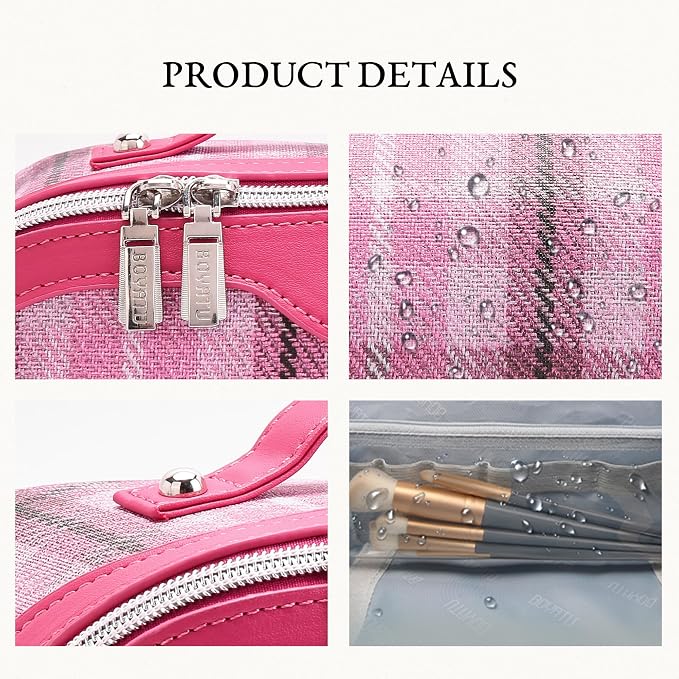 BOYATU Travel Makeup Bag for Women: Scottish Plaid 3 Pcs Set Cosmetic Organizer Bag - 180° Open Large Spacious Holds 50% More Cosmetics - Waterproof Leather Checkered Toiletry Bag (04-Pink) - Image 5