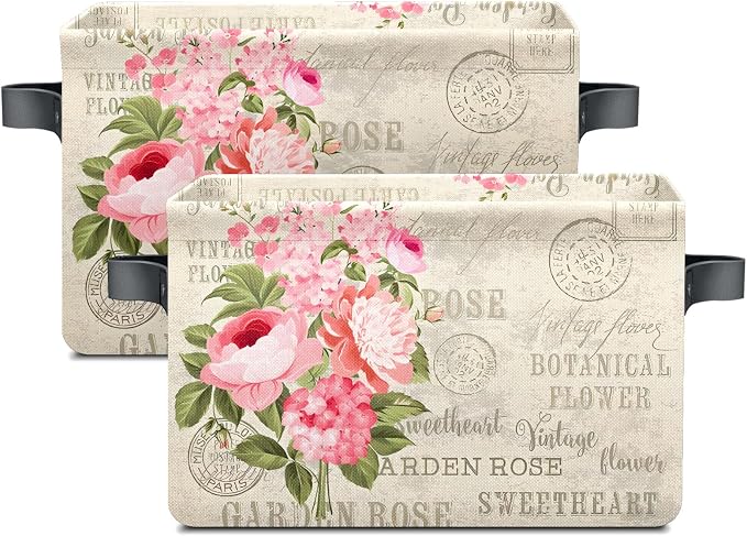 Vintage Rose Floral Foldable Baskets Storage Bins with Handles, Decorative Cloth Organizer Storage Boxes 2 sets - Image 2