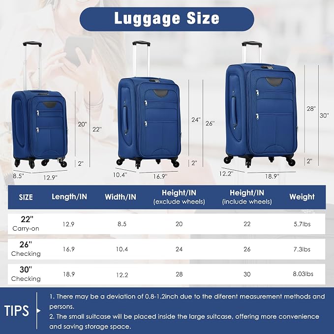 Merax Softside Luggage Set 3 Piece Suitcase with Duffel Bag Spinner Wheels | Lightweight Expandable Travel Luggage 22" 26" 30",Navy Blue - Image 2