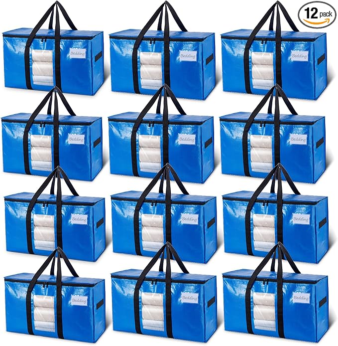 TAILI Extra Large Moving Bags, 12 Pack Blue Heavy Duty Totes For Storage with Visible Window, Wrap Around Handles, Storage Bags for Space Saving, Alternative to Moving Boxes by TAILI