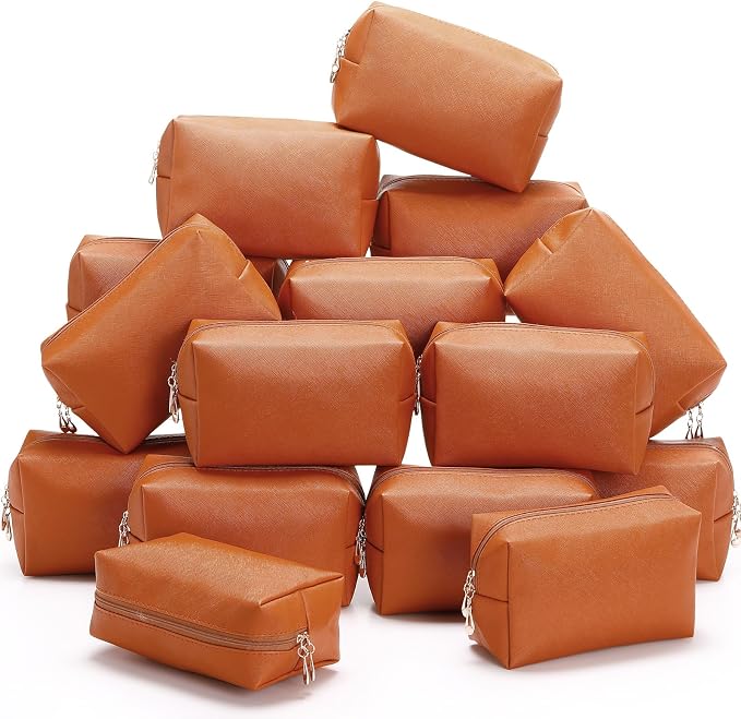 Kigeli Aesthetic Makeup Bags PU Leather Cosmetic Pouches Waterproof Plain Toiletry Bags Makeup Pouches Bulk for Women Party Gift Travel Storage Organizer(Orange Brown,7.1 x 2.8 x 4.3 in) by Kigeli