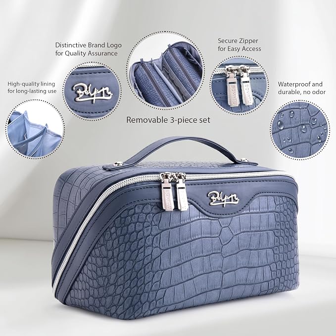 BOYATU Travel Makeup Bag Cosmetic Bags for Women: 3 Pcs Set Large Capacity Make up Bag with Handle - Crocodile Pattern Vegan Leather Toiletry Bags Travel Essentials with Compartments(E-3-Blue) - Image 2