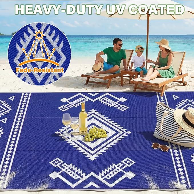 GOTGELIF 9x12 ft RV Camping Rug Waterproof, Large Reversible Bohemian Outdoor Plastic Straw Mat with Carry Bag, 4 Stakes & Seam, UV-Resistant Portable Carpet for Patio Pool Beach Deck (Blue & White) - Image 4