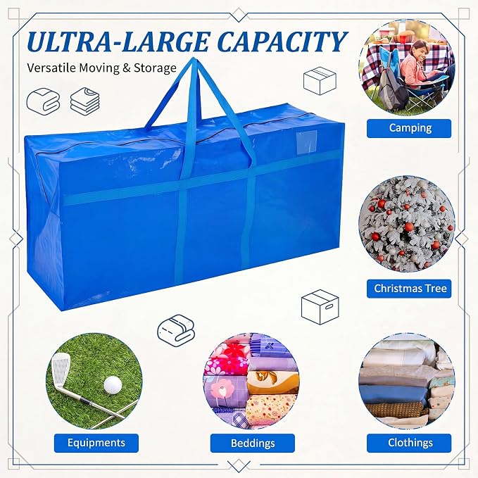 Windyun 4 Pack 195 Gallon Extra Large Moving Bags XXL Heavy Duty Storage Bag with Strong Zipper Handle Jumbo Big Tote Box Foldable for College Dorm Travel Clothes Duffle Blanket Pillow(Blue) - Image 5
