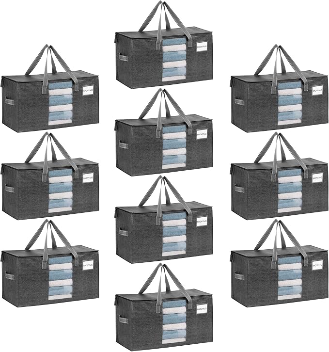 VENO 10 Pack Moving Bags, Comforter and Blanket Storage Bags for Closet, Moving Boxes, Boxes with Lids Alternative, College Dorm Packing Supplies, Foldable Heavy-Duty Tote with Window (Gray, 10 Pack) by Veno