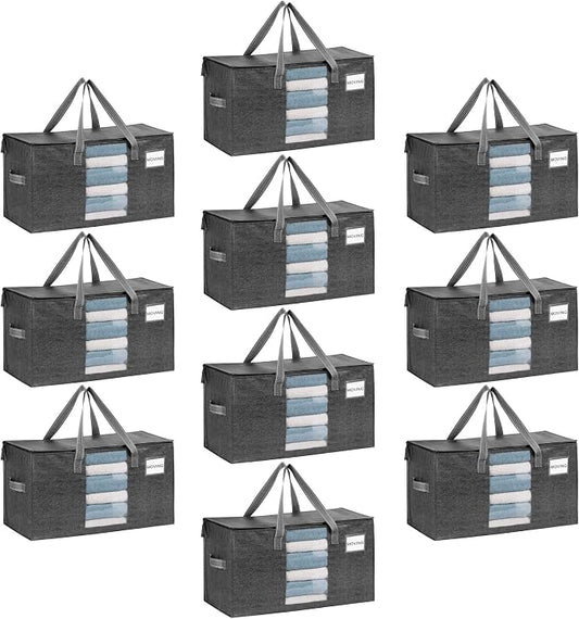 VENO 10 Pack Moving Bags, Comforter and Blanket Storage Bags for Closet, Moving Boxes, Boxes with Lids Alternative, College Dorm Packing Supplies, Foldable Heavy-Duty Tote with Window (Gray, 10 Pack) by Veno
