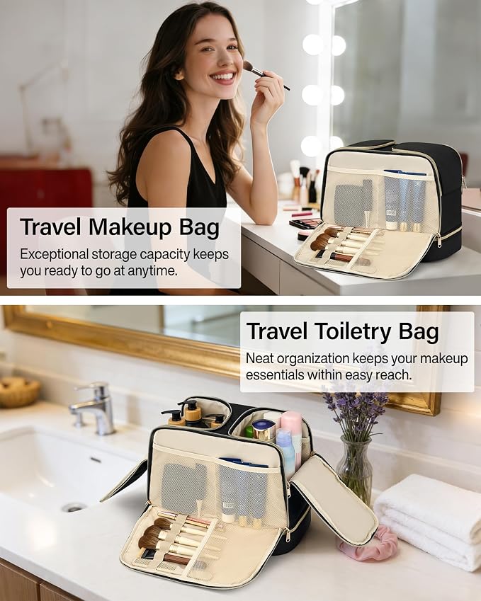 Hanke Travel Toiletry Bag, Lightweight Wide-open Large Toiletry Bags for Women, Dual-Layer Makeup Bag Water-Resistant Cosmetic Travel Bag with Handle for Accessories, Essentials, Black - Image 9
