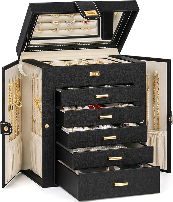 AKOZLIN 6-Tier Jewelry Box Organizer Functional 5 Drawers Leather Jewelry Storage Case for Women Girls Ring Necklace Earring Bracelet Holder Organizer with Mirror Medium Black by AKOZLIN