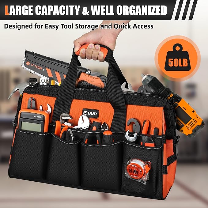 UUP 18" Large Tool Bag, Heavy Duty Spacious Tool Box Organizer, Orange | 16 Pockets & MOLLE. Detachable Strap & Handle. Non-slip Base, Metal Buckle. 30lb Holds Drill/Tool on Truck, Garage, Men Gift. - Image 4