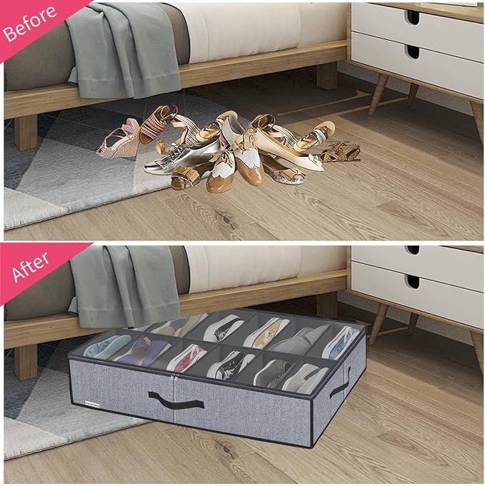 Onlyeasy Large Under Bed Shoe Organizer (6 to 12 Pairs x 2) - Underbed Shoes Closet Storage Solution with Metal Zipper and 2 Handles, Breathable, 29.3"x23.6"x5.9", Linen-like Grey, MXDUBSB2P - Image 3