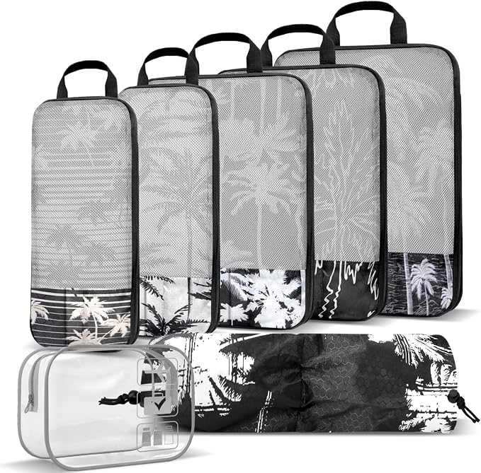 Tropical Palm Tree Travel Packing Cubes Set (7 Piece) | Ultra-Lightweight, Travel Organizers with Quick-Access Pockets, Cruise & Vacation Essentials for Carry-Ons, Black - Image 2