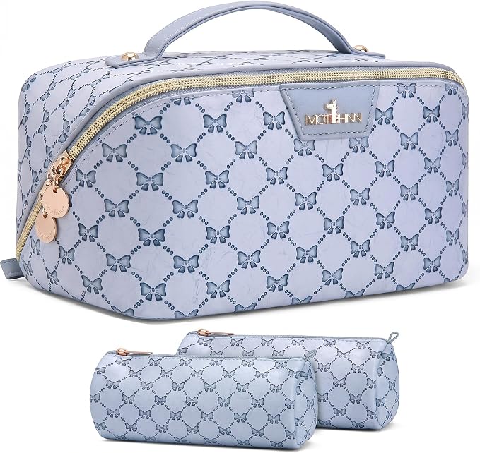 Travel Makeup Bags for Women: 3 Pcs Set Luxury Bow Print Make up Bag - Large Capacity Cute Cosmetic Case - 3–15 Day Travel Toiletry Organizer Bag, Comes with An Gift Box(cerulean blue) by Unknown