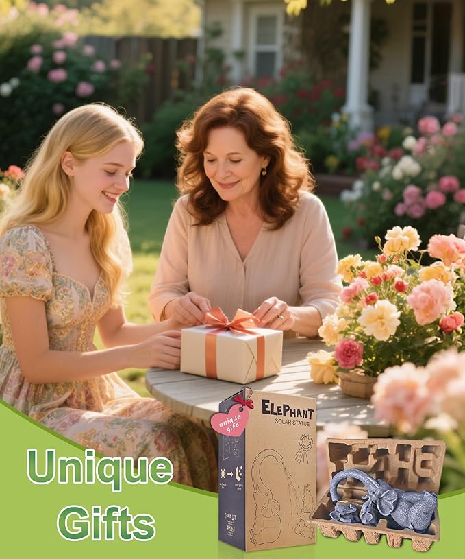 Qeeman Solar Elephant Statue Family Set 3Pcs: IP44 Weatherproof Outdoor Tricolour LED Lights Decor - Paths Patio Backyard Garden Sculpture Ornament for Mom Grandma Women