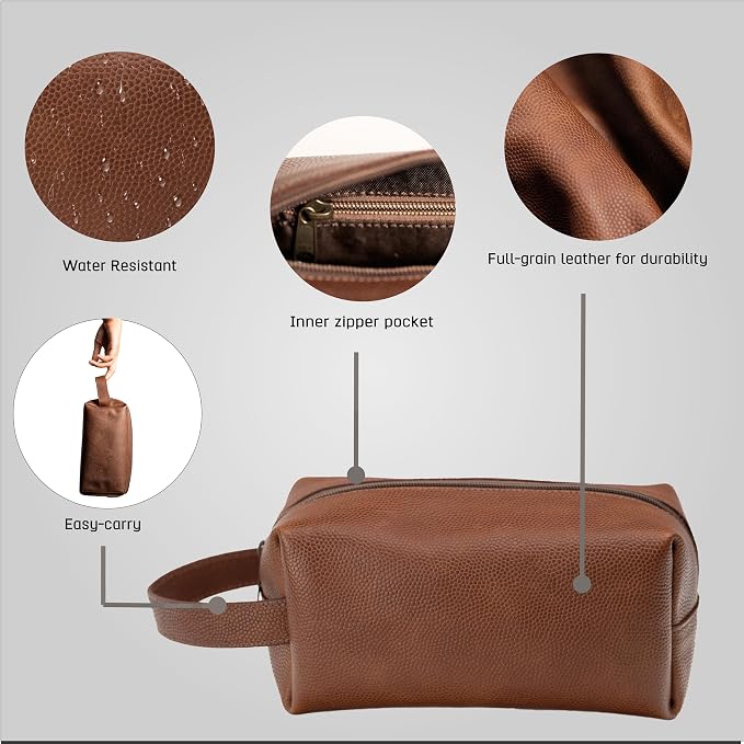 Leather Toiletry Bag for Men – Water Resistant Travel Dopp Kit - Premium Full Grain Leather Cosmetic Case- Perfect Gifts for Him - Mens Toiletry Bag (Whiskey) - Image 3