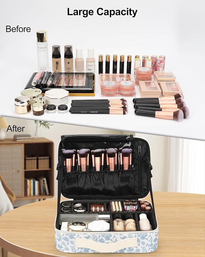 Relavel Large Makeup Bag, Cute Cosmetic Bags for Women and Girls Travel Makeup Organizer Bag Train Case 13.8 inches Makeup Brush Holder and Storage with Adjustable Dividers, Floral Print - Image 2